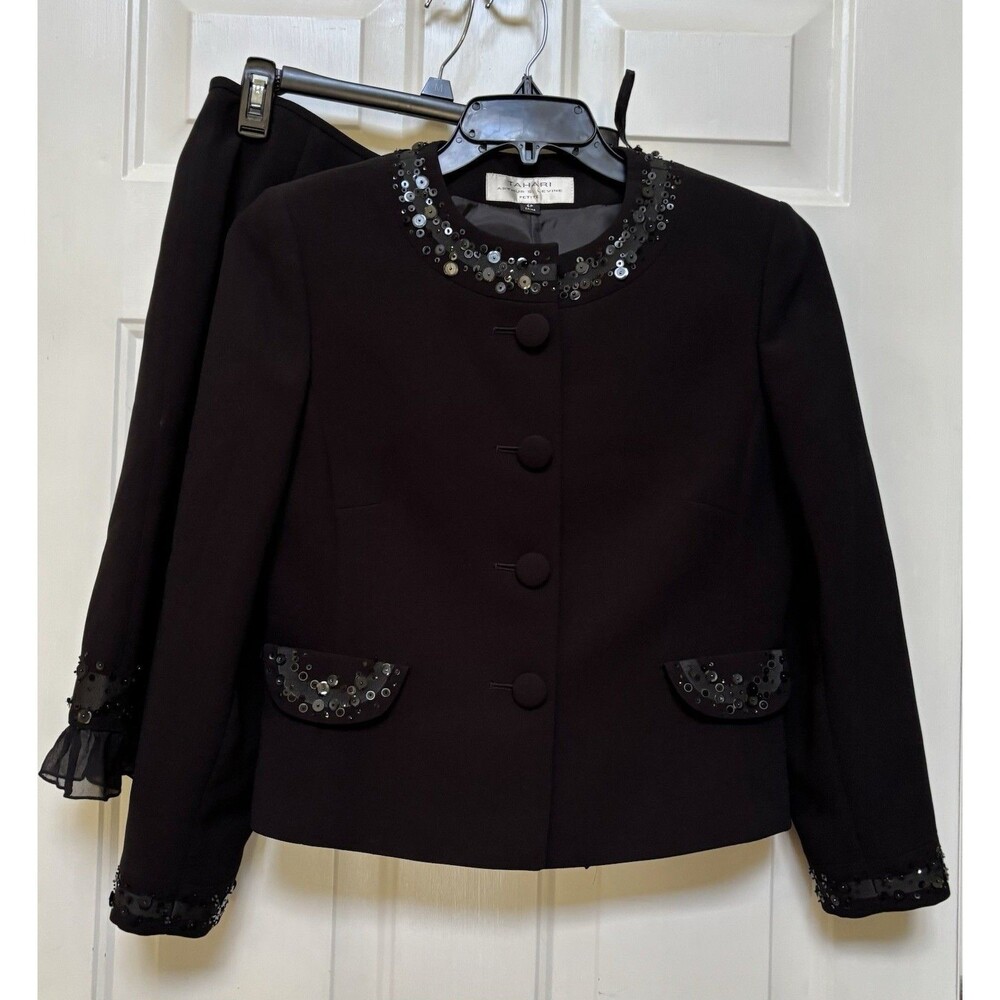 TAHARI ASL SUIT SKIRT WOMENS SIZE 6P BLACK SEQUIN LONGSLEEVE EVENING PARTY COCKT